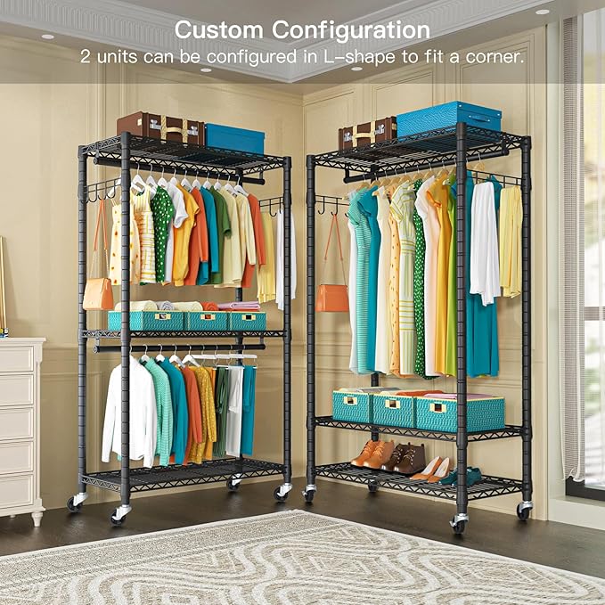 FUTASSI P1 Heavy Duty Garment Rack, Rolling Closet Organizer with Wheels | 3-Tier Freestanding Metal Clothes Clothing Wardrobe System with Double Hanger Rods and Hooks, Max Load 450lbs, Black