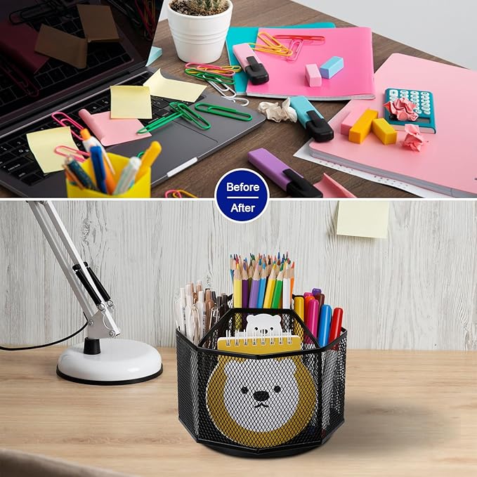 Comix Mesh 360° Rotating Pen Holder, Desk Organizer for Home Office, Black | 9 Compartment Pencil Holder, Sticky Notes Holder, Pen Organizer Office Supplies