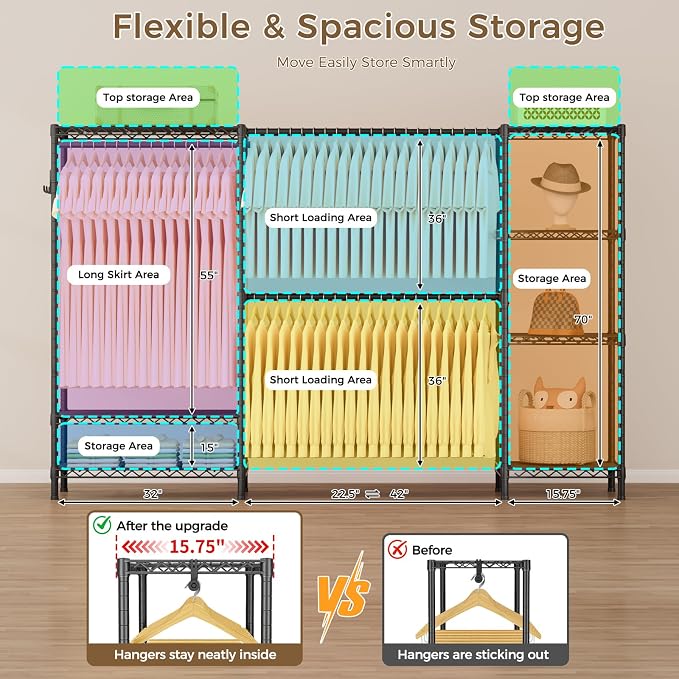 Golpart Heavy Duty Clothes Rack Metal Wardrobe with Adjustable Wire Shelves | Closet Organizers and Storage Clothing Rack Metal System Freestanding Hanging Clothes System Free Standing Garment Coat Racks