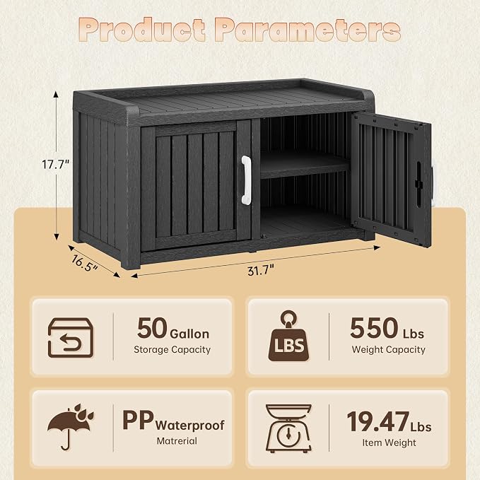 Outdoor Shoe Storage Cabinet, Waterproof UV-Resistant Entryway Storage Bench Indoor Outdoor with 2 Barn Doors, Adjustable Shelves for Entryway, Bedroom, Hallway,Living Room(Jet Black)