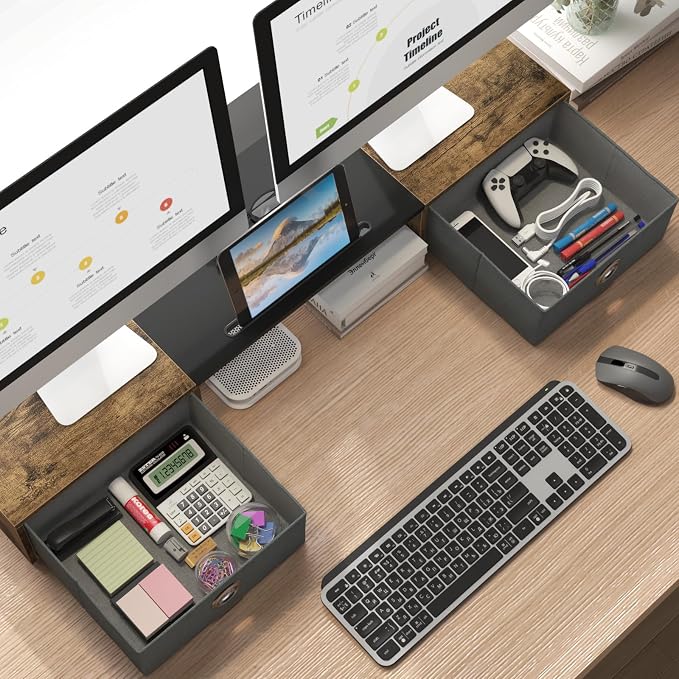 WESTREE Dual Monitor Stand Riser with Two Drawers, Extra Large Storage Monitor Stand for 2 Monitors, Desktop Organizer Stand Storage for Computer,Laptop,Screen,Printer,TV