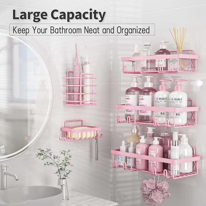 Liuoud 5 Pack Shower Caddy Organizer Rack Shelf for Inside Shower, Adhesive Bathroom Wall Storage Basket Rustproof Stainless Steel Shampoo Holder, Girly Bathroom Accessory Decor Set, Pink