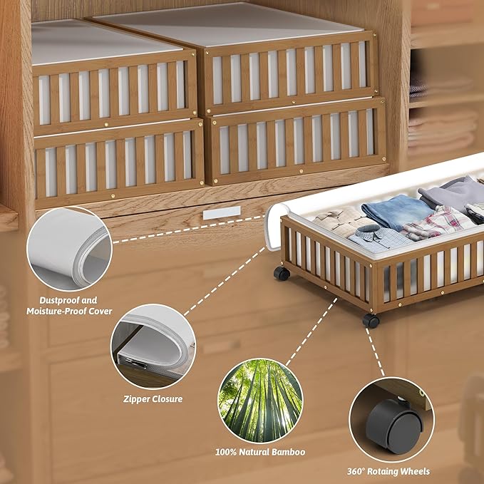 2 Pack Large Bamboo Under Bed Storage Containers with Wheels, Brown | Underbed Drawer Storage with Bag, Wood Rolling Underbed Organizer for Shoes, Sheets Clothes Blanket Comforter, Under Crib Toy