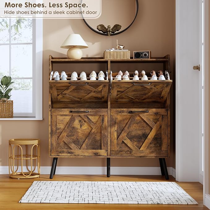 Nicetree Shoe Cabinet Storage for Entryway, Freestanding Shoe Storage Cabinet, Farmhouse Narrow Shoe Rack Cabinet for Entryway, Foyer, Hallway, Shoe Cabinet 4 Flip Drawers