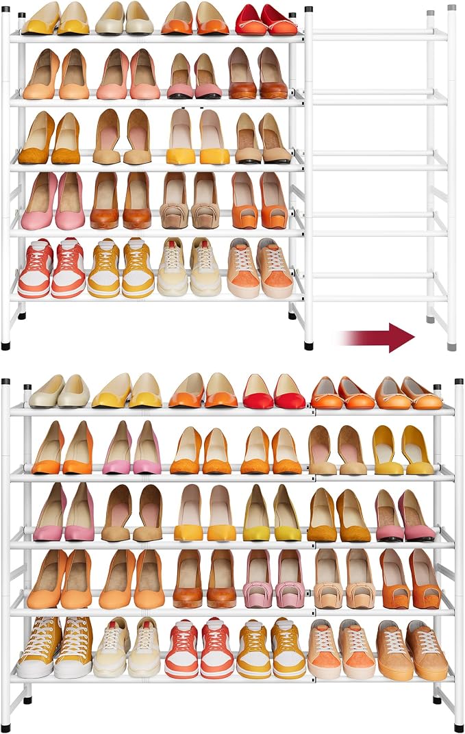 Expandable Shoe Rack for Closet 5 Tier, 28“-41“Stackable, White | Adjustable Shoe Organizer Closet Shoe Rack Floor, Metal Shoe Shelf Storage for Entryway, Closet, Garage, Front Door Entrance