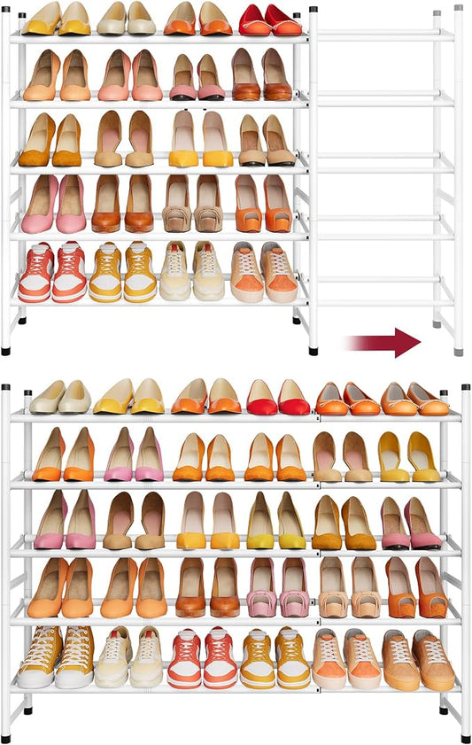 Expandable Shoe Rack for Closet 5 Tier, 28“-41“Stackable, White | Adjustable Shoe Organizer Closet Shoe Rack Floor, Metal Shoe Shelf Storage for Entryway, Closet, Garage, Front Door Entrance