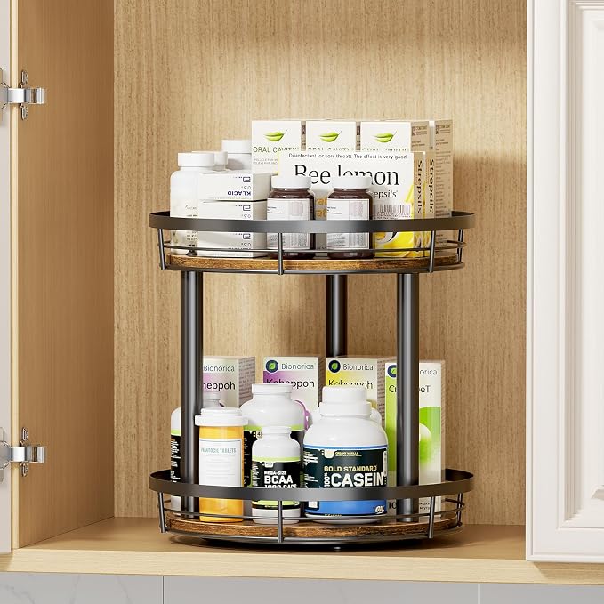 LAMU 10'' Wood Lazy Susan Spice Rack Organizer, 2 Tier Spice Organization for Cabinet, Countertop, Kitchen, Table Top, Pantry, Condiment and Seasoning Rack Organizer