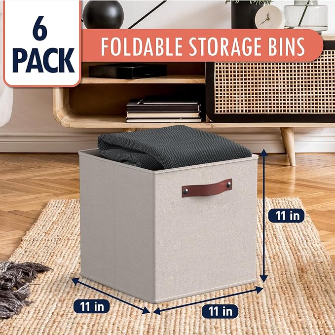 Ornavo Home 11x11 Foldable Fabric Storage Cube Bins, 6 Pack, Beige | Collapsible Linen Shelf Basket Organizer; Leather Handles; Ideal Cube Storage For Closet