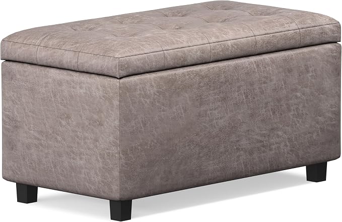 SIMPLIHOME Cosmopolitan 34" Wide Vegan Leather Storage Ottoman in Soft Blue | Distressed grey taupe, transitional storage ottoman with tufting and lift-up lid; rectangle storage bench for living room.