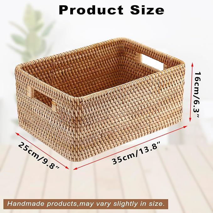Hipiwe Rattan Wicker Basket for Shelf Organizer Natural Basket with Handles | Handwoven Open Storage Bin Rectangular Closet Organizer Bin Multipurpose Storage Box, 13.8" x 9.8" x 6.3"