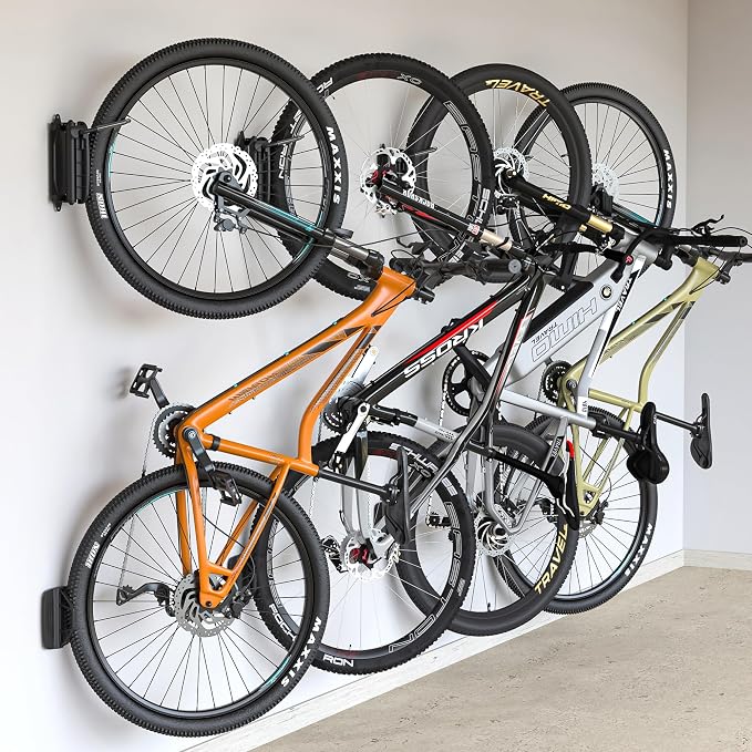 monTEK Swivel Bike Wall Mount, Vertical Bike Rack for Garage, 4 Pack, Grey | Space-saving bike hanger with 150° swivel holds 66 lb each; fits tires up to 3.54 in wide; with a rim-safe hook and tire stop