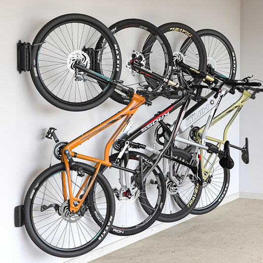 monTEK Swivel Bike Wall Mount, Vertical Bike Rack for Garage, 4 Pack, Grey | Space-saving bike hanger with 150° swivel holds 66 lb each; fits tires up to 3.54 in wide; with a rim-safe hook and tire stop