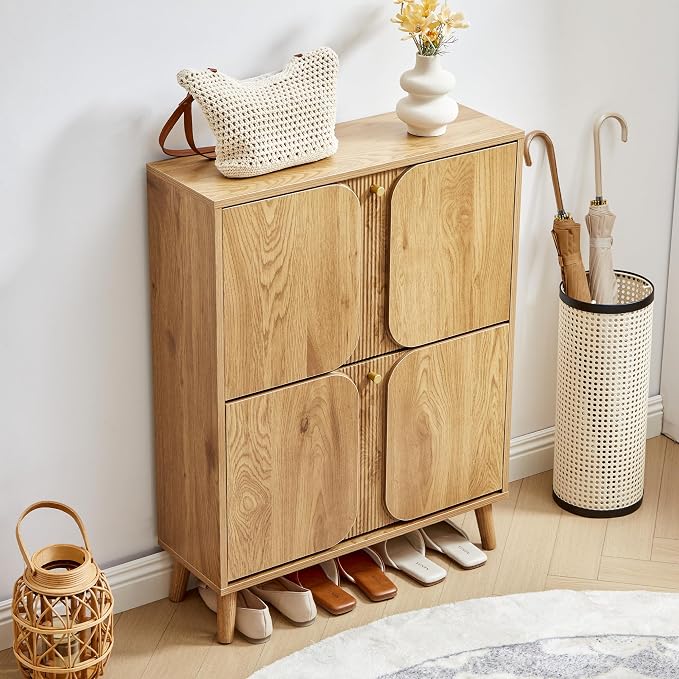 BERRYMERRY Natural Shoe Cabinet with 2 Flip Drawers Fluted Recessed | narrow,entryway,16 pairs shoe,shoe organize,hidden shoe rack,fluted panel,wave pattern,wood,space saving