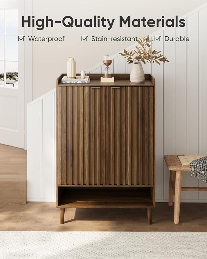 Smart FENDEE Large 6-Tier Shoe Storage Cabinet with Fluted 2 Doors, 44" Tall Freestanding Entryway Shoe Cabinet with Adjustable Shelves,(Walnut