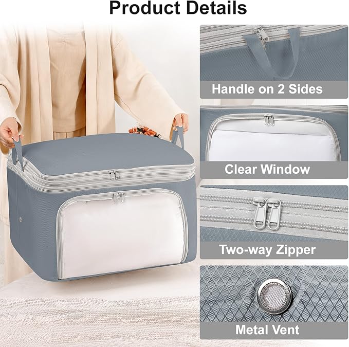 Comforter Storage Bag - Large Capacity Blanket Storage Bags Front-opening Ultra Space Saving Self Compression Organizer, Washable Compression Bags for Storage Comforter Blanket, 2 Pack, Grey