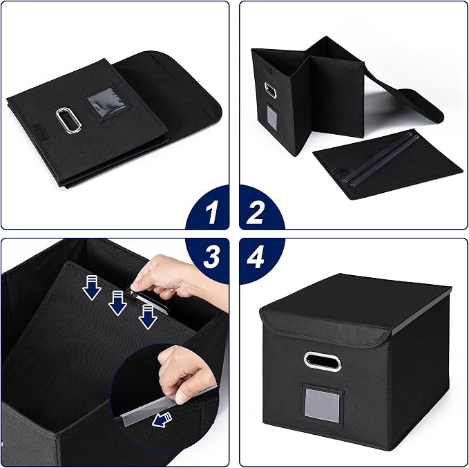 File Organizer Box with Lid (Black, 14.9 x 12.59 x 10.8 inch, 2-Pack) | Large Hanging File Folder Organizer with Plastic Slide, Collapsible Portable Filing Storage Boxes for Office/Decor/Home