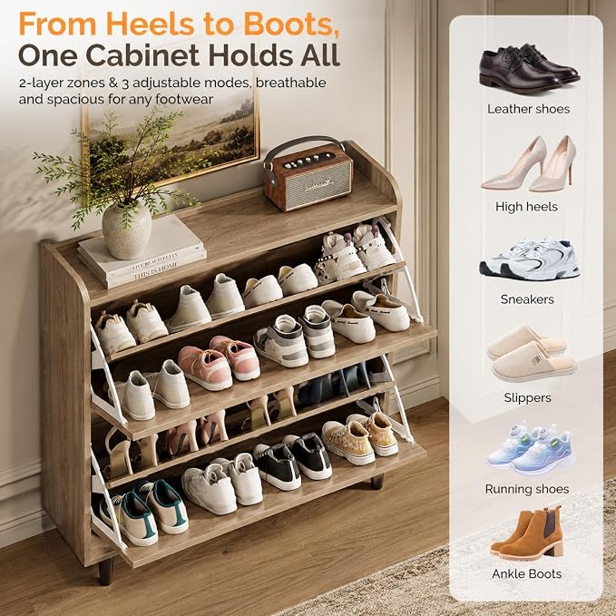 VINGLI Shoe Storage Cabinet for Entryway with 2 Flip Drawers, Ultra Slim Freestanding Entryway Shoe Organizer with Wood Tapered Legs,Hidden Closed Shoe Rack,31.6" W * 9.4" D * 39.4" H, Grey Oak