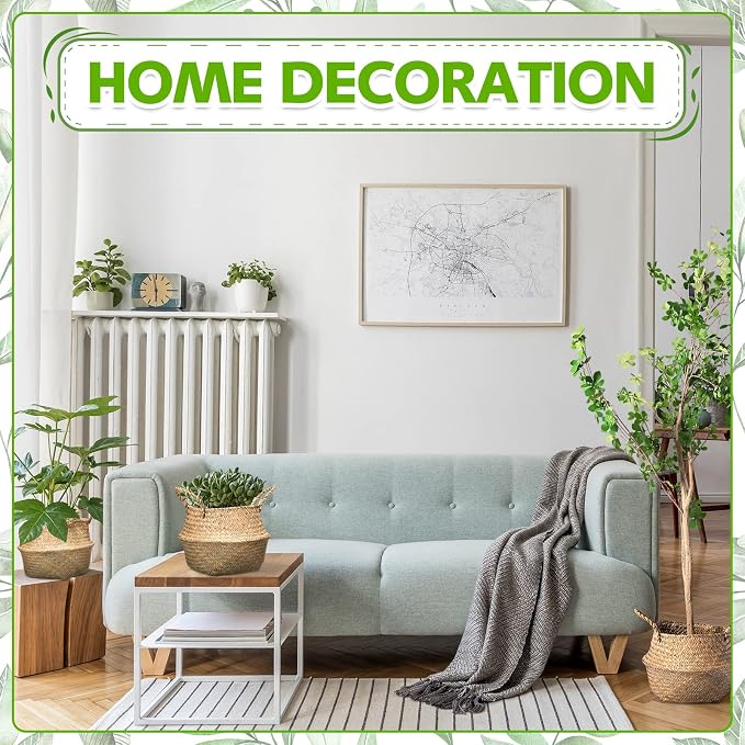 Qunclay 4 Pcs Woven Seagrass Baskets Belly Basket Folding Boho Natural Plant Pot with Handles Round Decorative Wicker Large Indoor Planter for Home Outdoor Tree Planters Decor (M,8.46''dx8.66''h)