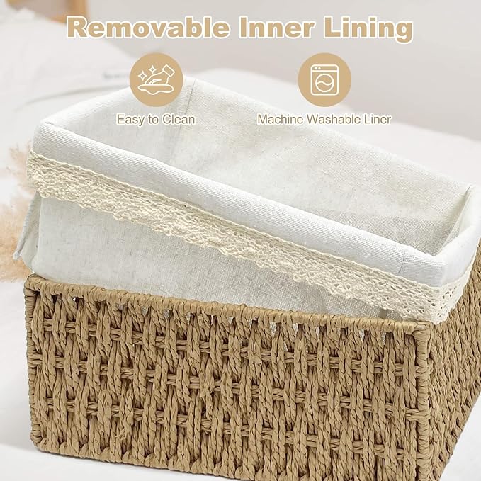 Wicker Storage Baskets Set of 3, Handwoven Paper Rope Organizer Bins with Removable Floral Liner, Small Medium Large for Bathroom, Pantry, Shelf, Countertop, Closet (Camel, L+M+S)