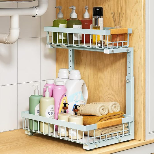 PXRACK Under Sink Organizer, Adjustable Height, 2 Tier Pull Out Under Cabinet Organizer, Slide Out Thickened Metal Under Sink Storage for Kitchen Bathroom Laundry Pantry Cabinet, Blue, Large-1-Pack