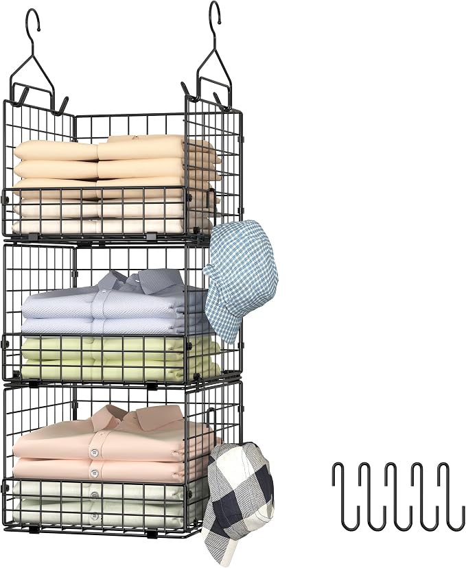 Sonyabecca 3-Tier Hanging Closet Organizers and Storage, Foldable Stackable Wire Basket Bins with 5 S Hooks, Space-Saving Hanging Closet Shelf for Clothing, Sweaters, Handbags, Hats,Purse