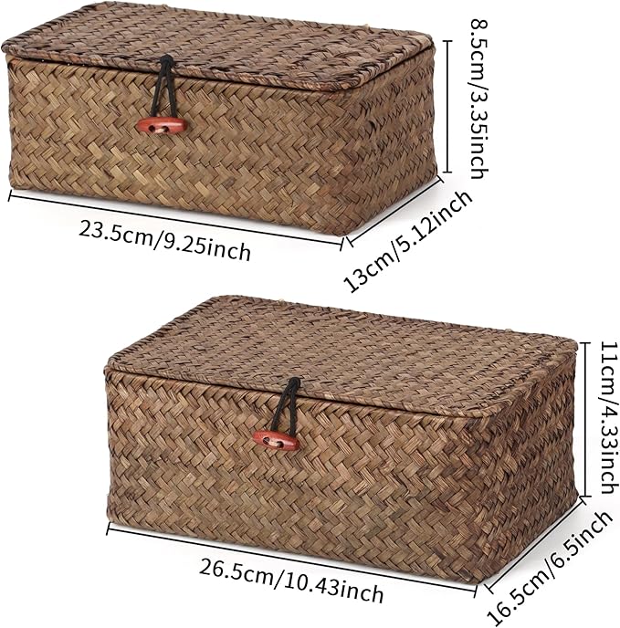 Moosky Wicker Shelf Baskets with Lid,Handwoven Seagrass Basket for Storage Basket Bins Rectangular Home Organizer Gift Boxes (Coffee Set of 2)