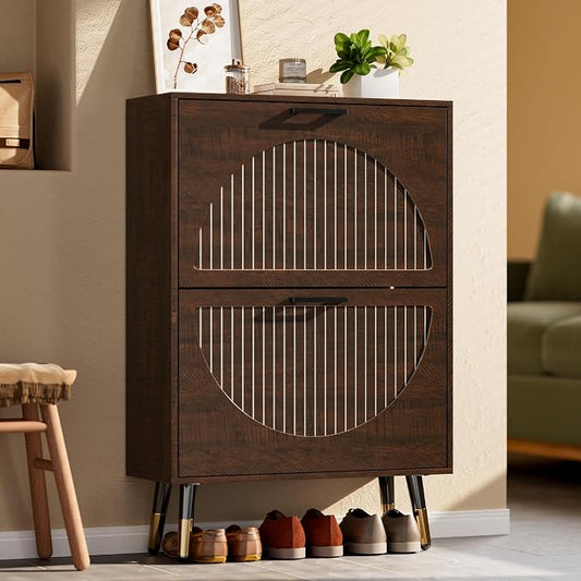 Farmhouse Shoe Cabinet Storage for Entryway, Slim Hidden Shoe Rack Cabinet | 1, 2 Flip Drawers with Dividers 2, Stylish Round Panel 3, Sturdy Metal Leg 4, Anti-Tip Safety Kit 5, Shoe Organizer Cabinet