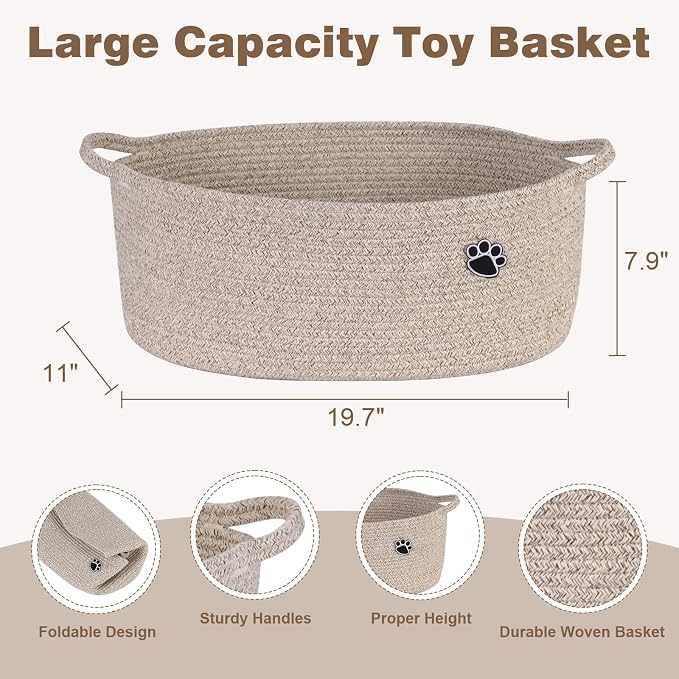 Optish Dog Toy Basket, 30L Toy Box and Bin for Dog Cat Storage, 19.7" X 11" X 7.9" Large Woven Rope Basket for Blankets, Living Room, Bedroom, Brown