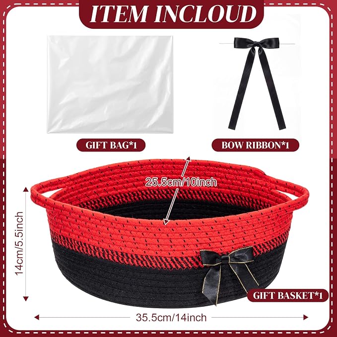 Colingmill 1 Set Woven Empty Basket for Gift,Red Black | with Cellophane Wrap Set, 14 x 10 x 5.5 Inch, Medium Decorative Gift Basket, Cotton Rope Storage Box, Home Decor