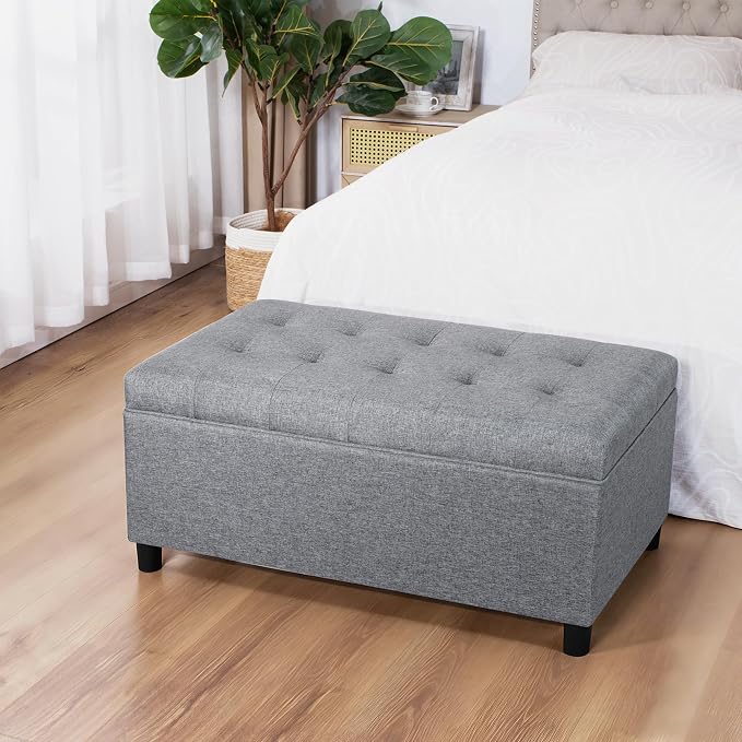 Joveco Rectangular Lift Top Storage Ottoman Bench,Linen Storage Bench for Living Room Entryway Bedroom,Linen Gray