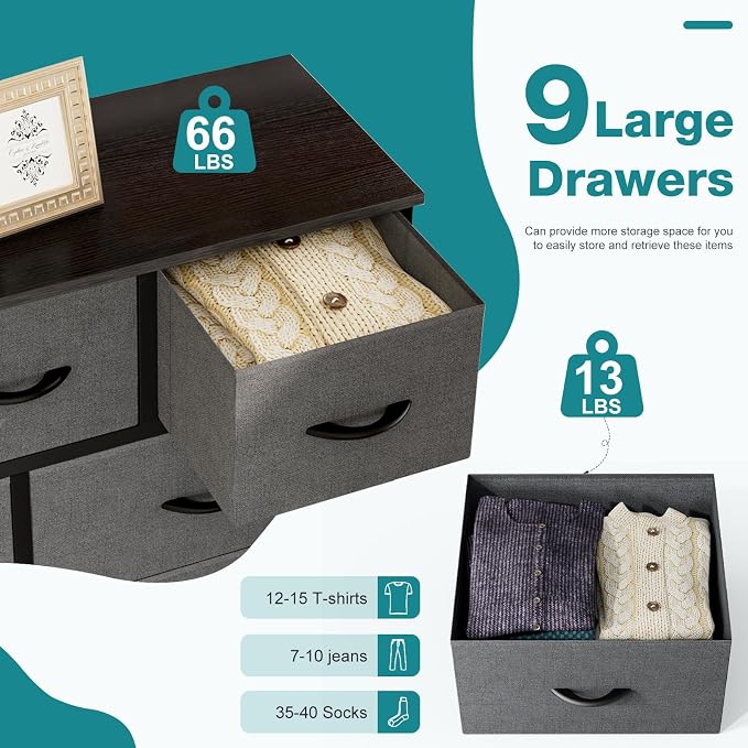 OLIXIS 9-Drawer Fabric Storage Dresser Chest Organizer Unit, Grey | Sturdy and lightweight fabric drawers with easy-pull handles,Space-saving versatile organizer for clothes, bedroom