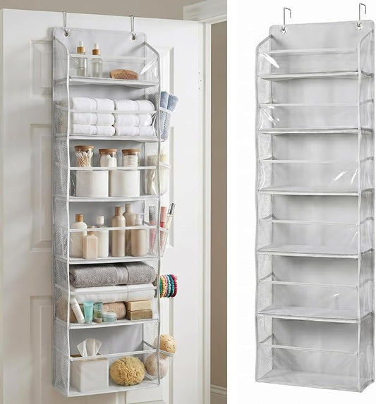 HOMELUX THEORY UPGRADED 6 Tiers Over The Door Organizer Hanging - 100D EXTRA THICK & 50lbs HUGE CAPACITY, 12 Side Mesh Pockets Over The Door Shoe Organizer, Hanging Closet Organizer (Transparent, 1pc)