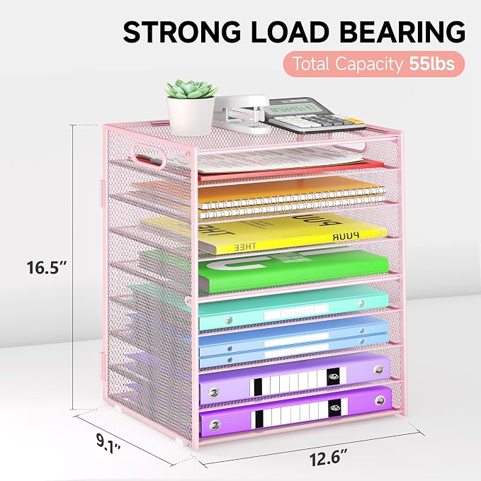 Cawukege 9 Tier Paper Organizer with Handle, Pink Large Capacity Desk Organizer Mesh File Folder Letter Paper Tray Desktop Document Sorter for Classroom, School, and Office Accessories Organization
