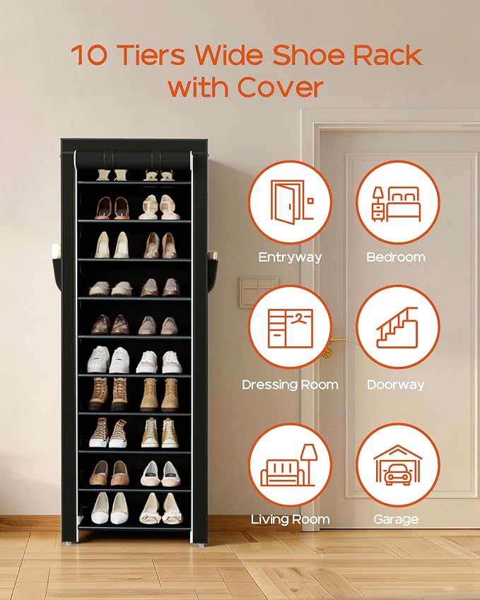 CASAMAYA Shoe Rack with Covers, 10 Tiers Tall Shoe Rack Organizer, Large Capacity Shoe Shelf Storage, Hold 20 Pairs of Shoes, Vertical Shoe Storage Organizer for Closet, Entryway, Black, SRT102B01