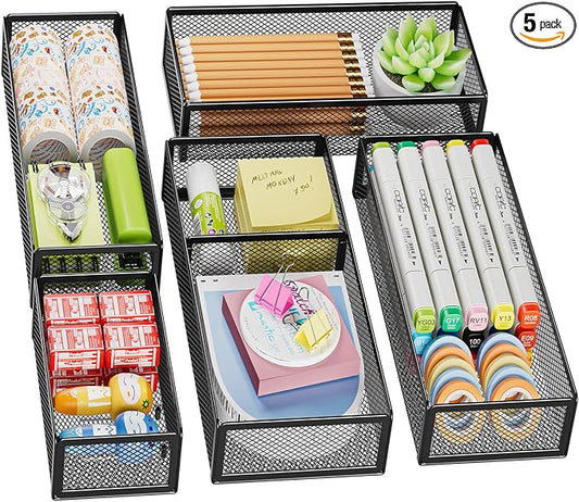 Marbrasse 5 Pack Desk Drawer Organizer Set, Mesh Drawer Storage Trays with 1 Adjustable Divider, Desk Organizers and Accessories, 5 PCS Drawer for Office Supplies, Makeup & Vanity (Black)