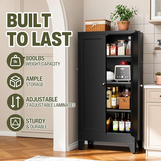 AQY Kitchen Pantry Cabinet,47" Black Pantry Storage Cabinet with 5 Tier Adjustable Shelves and 2 Doors,Freestanding Cupboard,Metal Pantry Cabinets with Handle for Living Room Kitchen Assembly Required