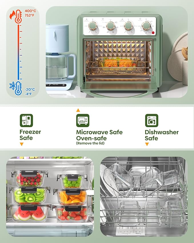 KEMETHY 40 PCS Glass Food Storage Containers with Lids | Borosilicate Glass Meal Prep Containers, BPA-Free, Leak Proof, Reusable, Microwave/Dishwasher Safe, 20 Container & 20 Lid