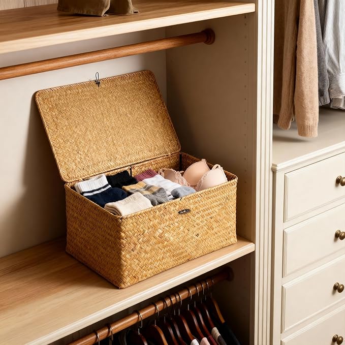 Nonam Seagrass Storage Large Basket with Lid,Wicker Basket Storage Bin with Lid for Shelves,Boho Decor,Handwoven Shelf Basket for Organizing-Storage Container Box for Home Organization-Natural