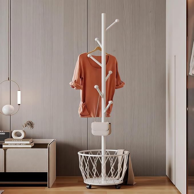 Off-White Moveable Tree Metal Coat Rack with Basket Freestanding 65" | Organizer for Scarf Jacket Hat Bags Ideal for Home Entryway Bedroom Corner Stable