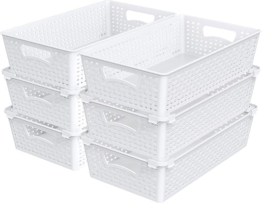 Simple Houseware Stackable Plastic Woven Basket Organizer, 6 Pack, White | 14.5" D x 8.5" W x 3.5" H