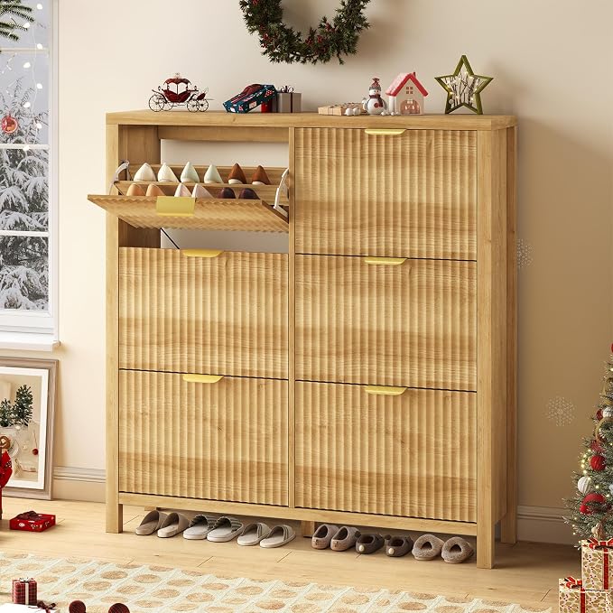 47" Fluted Shoe Cabinet Storage with 6 Flip Drawers for Entryway, Hallway | Slim Shoe Rack Freestanding Wooden Shoe Organizer with Legs for Hallway, Living Room, Oak