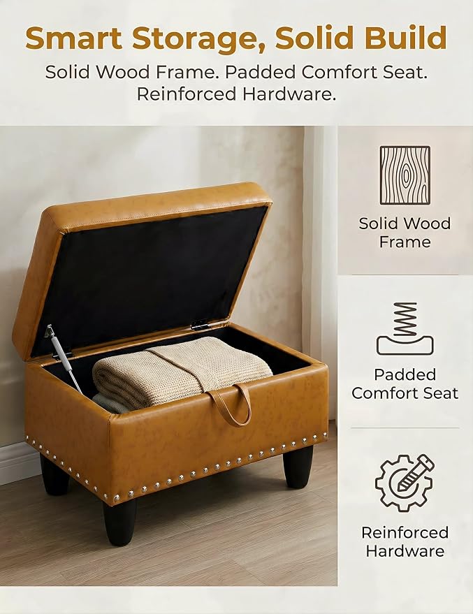 Ottoman with Storage, 28.5 inch Faux Leather Storage Ottoman with Padded Seat, Large Entryway Bench with Solid Wood Frame, Upholstered Sturdy Foot Rest for Living Room, Bedroom, Entryway