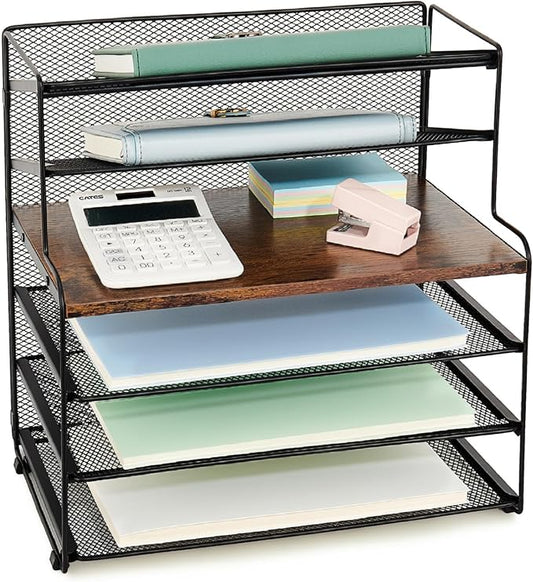 OPNICE 6-Tier Letter Tray Paper Organizer, Desk Organizers and Accessories, Desktop File Organizer, Office Desk Accessories for Office Supplies (Wood Brown)