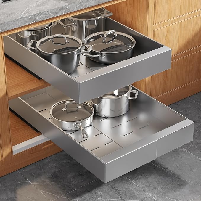 Seinloes 2 Pack Expandable Width (9"-14.1") Pull Out Cabinet Organizer 21" Deep with Raising Pad for Framed Cabinets, Upgrade 3 Slide Rails Slide Out Drawers, Roll Out Shelves Adhesive, Silver