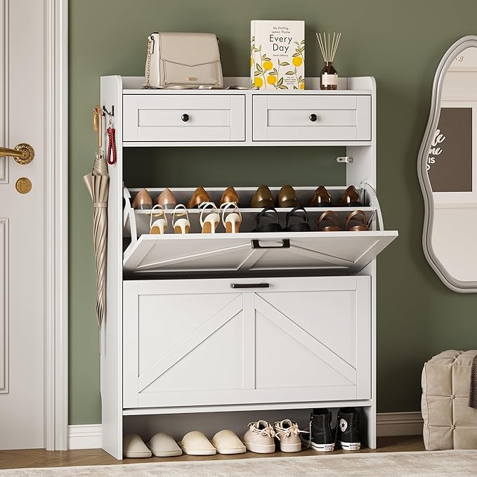 BORNOON Shoe Storage Cabinet for Entryway, Farmhouse Narrow Shoe Cabinet with 2 Flip Drawers & Top Drawers, Adjustable Shelves & Hooks, Freestanding Hidden Rack Organizer for Hallway, Foyer