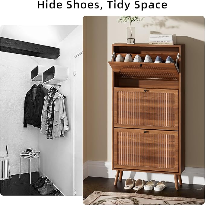 Fsbecl Shoe Storage Cabinet for Entryway with 3 Flip Drawers, Walnut | Narrow Single Layer Design, 23.6'' Freestanding Shoe Rack, Wooden Hidden Organizer for Hallway Foyer, 6-9 Pairs