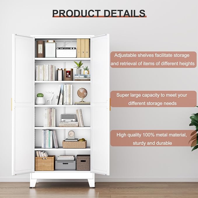 PAOFIN Kitchen Pantry Storage Cabinet with Doors and Adjustable Shelves, Metal ClosetMaid Food Pantry Cabinets, 75" Tall Freestanding Cupboard for Kitchen, Laundry or Utility Room, White