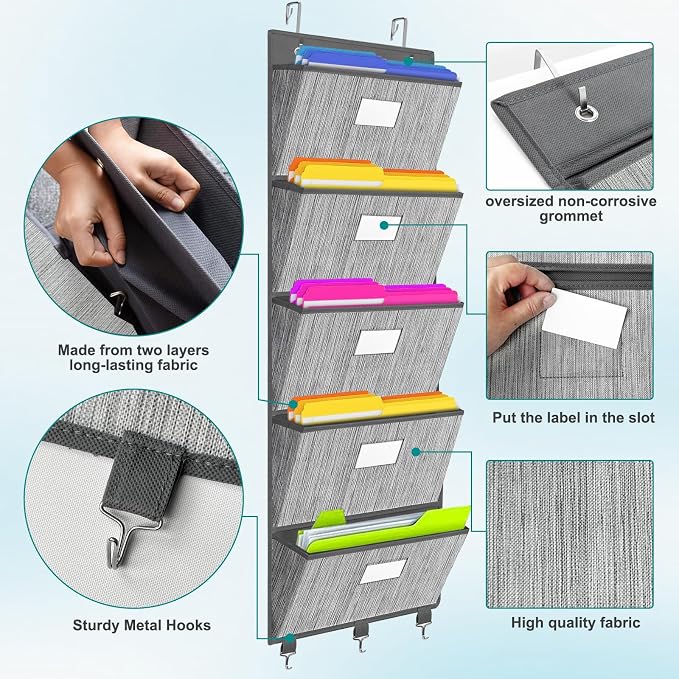 Over the Door File Organizer, Hanging File Folders, Wall Organizers and Storage for Mail, Magazine, Notebooks, Planners, Office, Classroom, 5 Extra Large Pockets, 50.39” Tall (Grey)