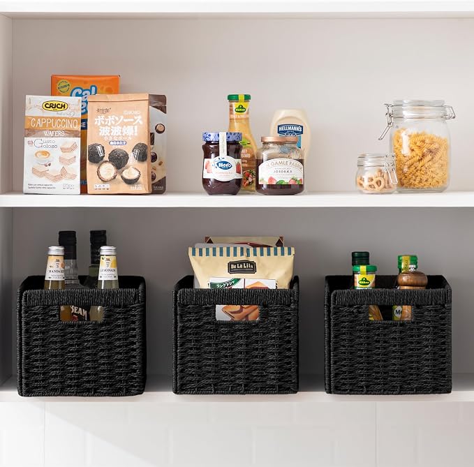 joybest Black Wicker Baskets for Shelves, Hand-woven Storage Baskets | 13.4L x 8.3W x 7.1H inch for Pantry, Kichen Organizing, Foldable Rectangular Bin with Handles, 4-pack