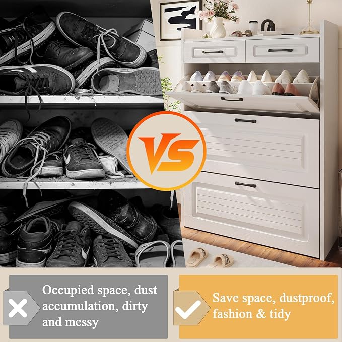 ODUWA Shoe Cabinet with 3 Flip Drawers and 2 Storage Drawers, Shoes Organizer Cabinets with Adjustable Divider, Hidden Shoe Storage Cabinet for Entryway, Hallway, Living Room, White